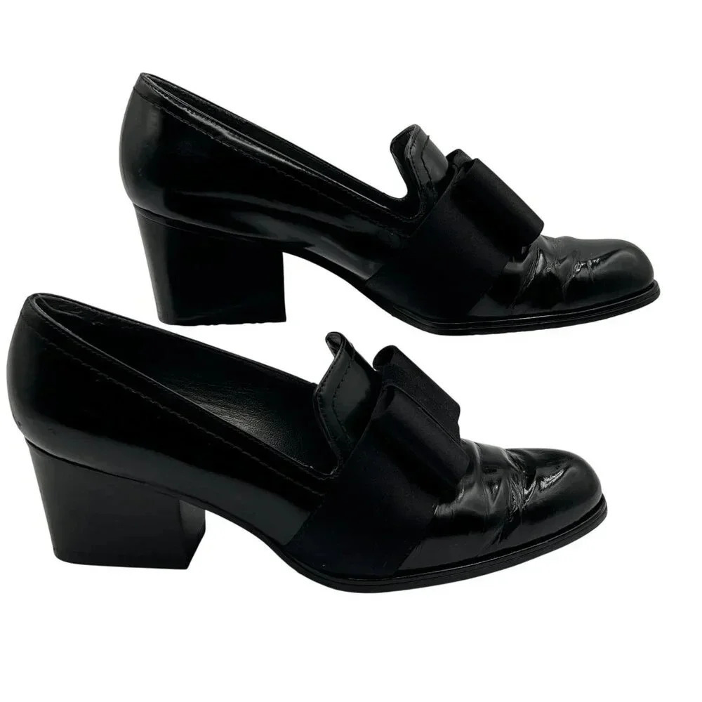 Stuart Weitzman Atabow Womens 5M Black Block Heel Loafers Bow Prairie Shoes - Picture 3 of 16